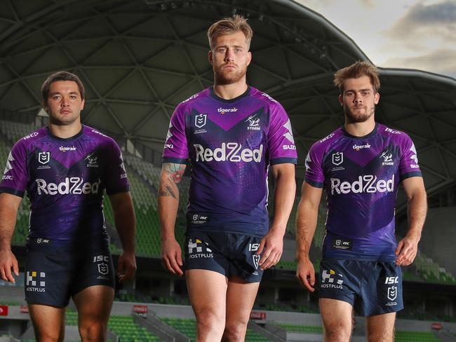 Melbourne Storm players  Brandon Smith, Cameron Munster and Ryan Papenhuyzen at AAMI Stadium, ready fo their first game. Picture: Alex Coppel.