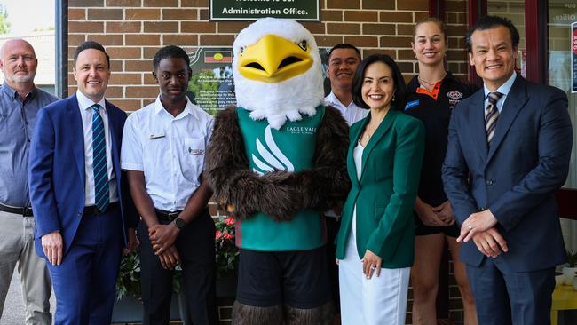 Eagle Vale High School principal Craig Butler, Member for Leppington Nathan Hagarty, NSW Deputy Premier Prue Car and Member for Macquarie Fields Anoulack Chanthivong. Eagle Vale High School will undergo a multimillion-dollar government funded transformation to deliver new sporting facilities. 17.02.2025 Picture: Supplied