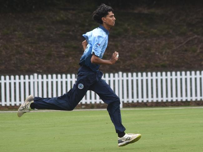 Arhan Shah steams in to bowl. Picture: Sean Teuma