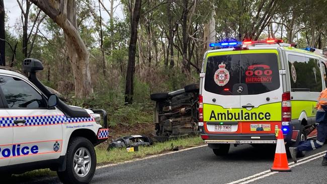 Emergency crews at the scene of the crash on Rainbow Beach Road on Tuesday where two people were taken to Gympie Hospital with minor injuries. Photos: Scott Kovacevic