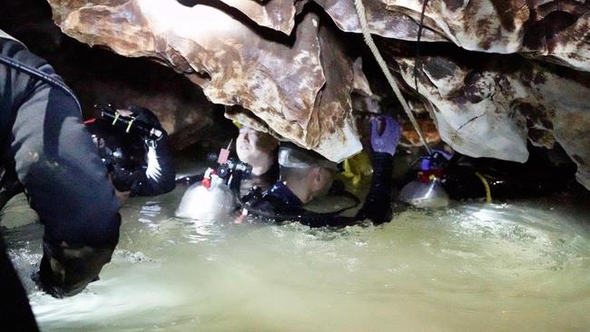 For the past two days the team of boys and their coach have been learning how to navigate one of the most technical and nerve-wracking cave dives in the world. Picture: Thai Navy SEAL