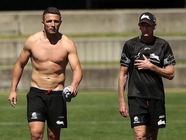 Sam Burgess with coach Wayne Bennett last month at Souths Sydney Rabbitohs training. Picture. Phil Hillyard