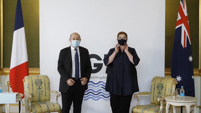 French foreign minister Jean-Yves Le Drian and Australian foreign minister Marise Payne meet at the G7 foreign ministers’ meeting in London. Picture: Getty Images