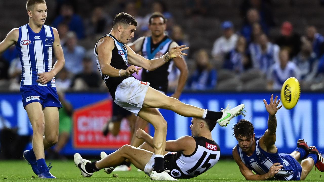 Orazio Fantasia kicks for goal during the round one AFL match between the North Melbourne Kangaroos and the Port Adelaide Power at Marvel Stadium on March 21. Picture: GETTY