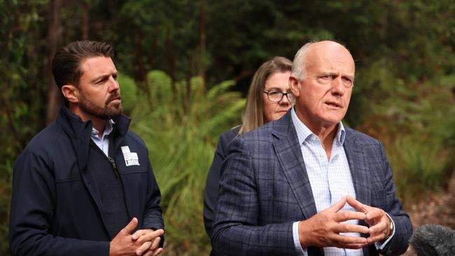 Liberal Senator Jonno Duniam, state minister Eric Abetz and Australian Forest Products Association chief executive Di Hallam at Lonnavale on Thursday, January 23, 2025.