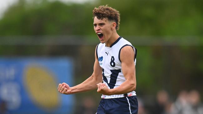 Cody Walker of Vic Country celebrates a goal during the AFL 2024 Under 16 Boys Championships match between Vic Metro and Vic Country at Trevor Barker Beach Oval on June 8. He will debut for Echuca this weekend. Photo by Morgan Hancock/AFL Photos.