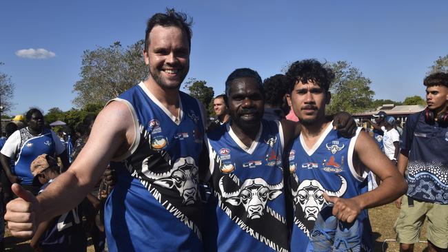 The Buffaloes following the win in the Tiwi Island Football League grand final between Tuyu Buffaloes and Pumarali Thunder. Picture: Max Hatzoglou