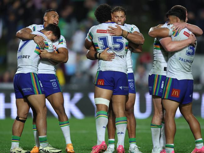 The Raiders celebrate victory over the Sea Eagles. Picture: Mark Metcalfe/Getty Images