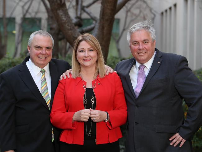 Different times – Centre Alliance Senator Stirling Griff, with MP Rebekha Sharkie and their then colleague Senator Rex Patrick at Parliament House in 2019. Picture Kym Smith