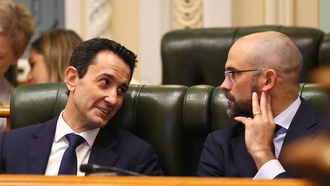 Queensland Premier David Crisafulli and Treasurer David Janetzki during parliament question time in Brisbane. Picture: Supplied