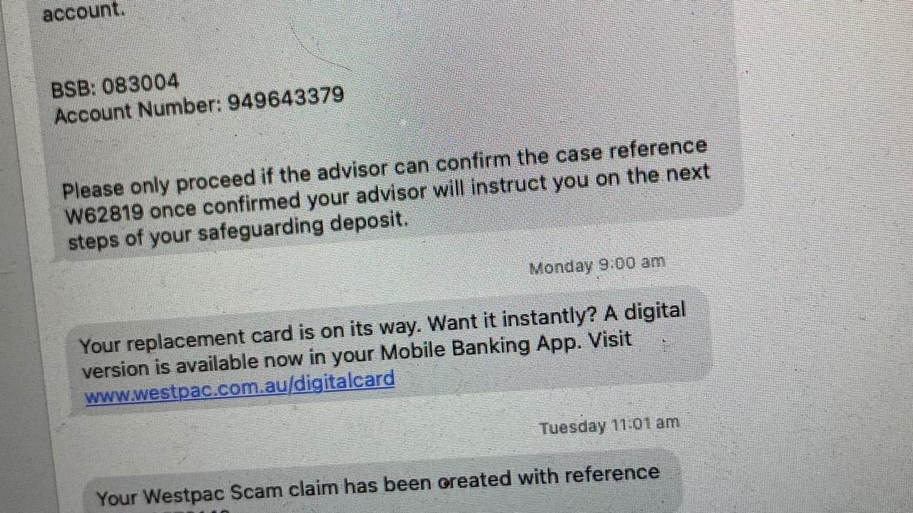 After the scam was identified, Ridley received legitimate texts from the real Westpac from the same number the scammer had been messaging her from. Picture: Supplied