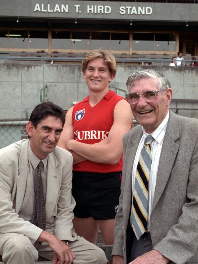 Bombers dynasty: Allan Hird Jr, James Hird and Allan Hird Sr together at Windy Hill in the 1990s.