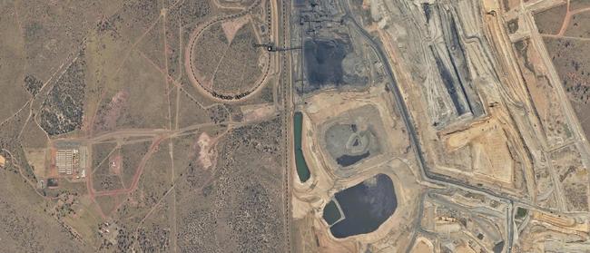 QCoal's Byerwen mine (right in image) is just a short drive away from its workers accommodation camp along Wollombi Rd (pictured on left). Picture: Queensland Globe