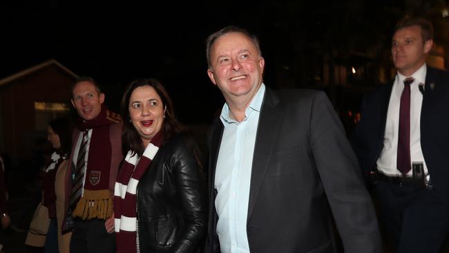 Queensland Premier Annastacia Palaszczuk and Anthony Albanese at the State of Origin game on Wednesday. Picture: Annette Dew