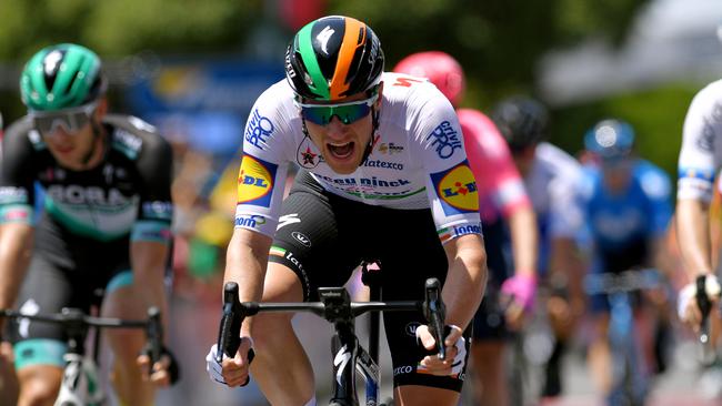 Sam Bennett wins the first stage of the Tour Down Under. Picture: Tim de Waele/Getty Images.