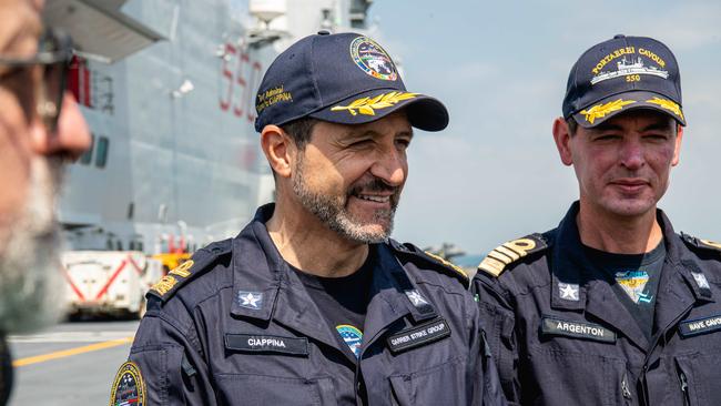 Rear Admiral Giancarlo Ciappina speaks to media on-board the landing deck: Pema Tamang Pakhrin