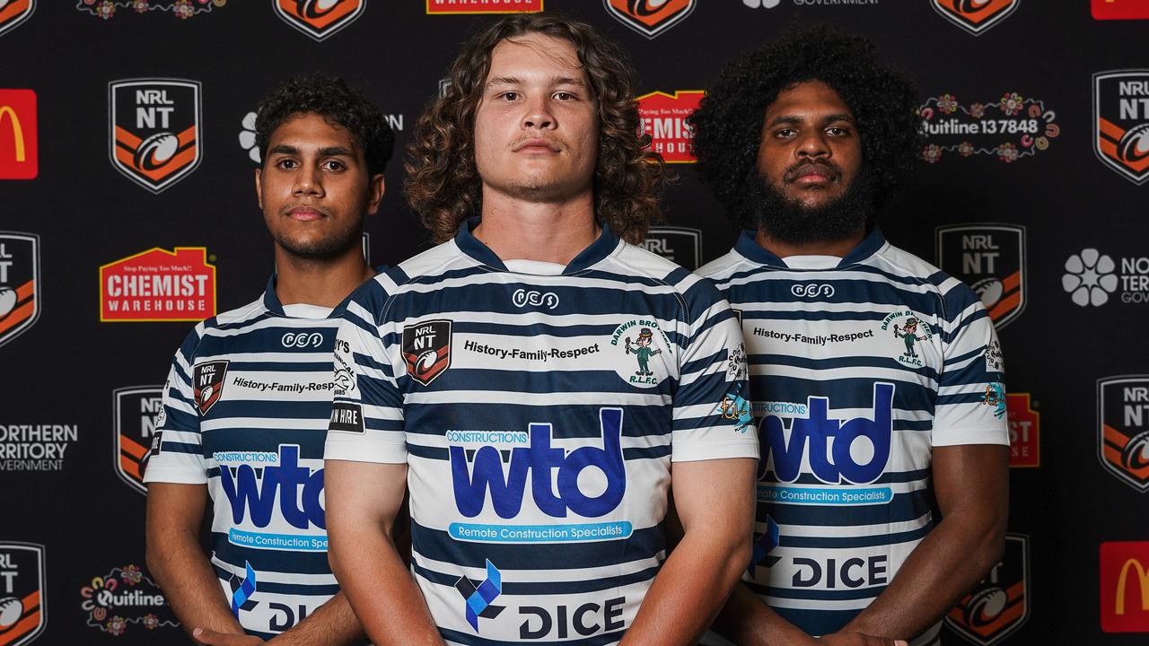 Darwin Brothers captain Isaac Sedan-Kurnoth flanked by Xavier Grant and Caleb Niki ahead of the 2023 NRL NT season. Picture: Pema Tamang Pakhrin