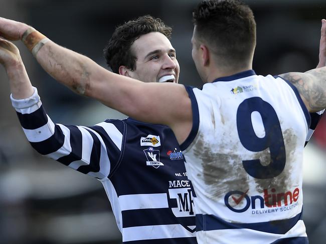 MacedonÃs Zachary Smedley and Jason Cooke during the RDFL football match between Macedon and Romsey in Macedon, Saturday, June 26, 2021. Picture: Andy Brownbill