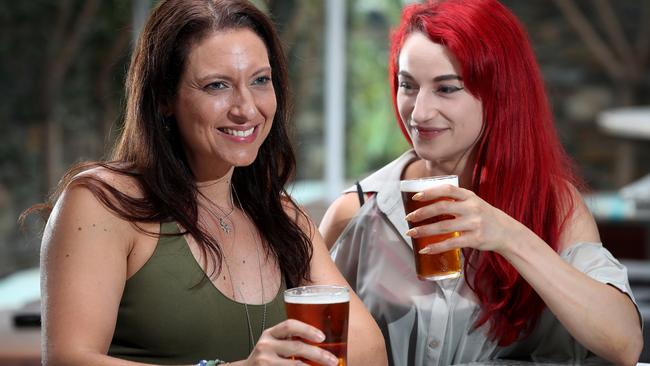 Annette Lacar and Vanessa Ceravolo enjoy a beer at the Maid and Magpie hotel in Stepney.