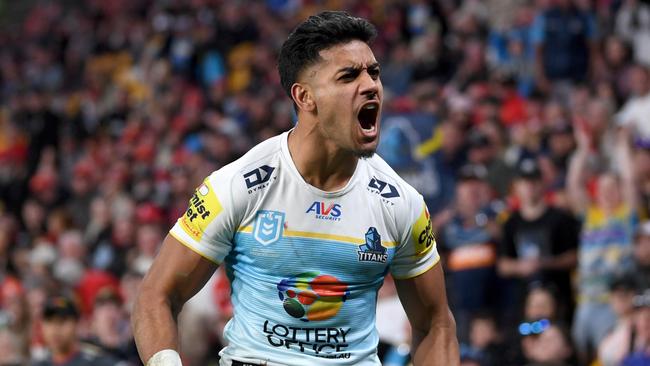 NRL 2024 RD21 Dolphins v Gold Coast Titans - Alofiana Khan-Pereira scores a try. Photo - NRL Images