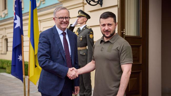 Ukrainian leader Volodymyr Zelensky and Australian Prime Minister Anthony Albanese shaking hands prior to their meeting in Kyiv in July. Picture: Ukrainian Presidential Press Service / AFP