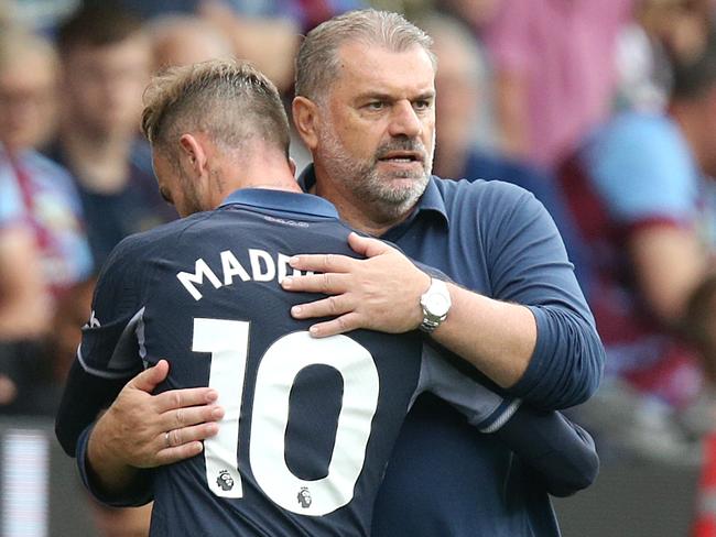 BURNLEY, ENGLAND - SEPTEMBER 2: ttenham Hotspur manager Ange Postecoglou embraces James Maddison as he is substituted late in the game during the Premier League match between Burnley FC and Tottenham Hotspur at Turf Moor on September 2, 2023 in Burnley, England. (Photo by Rich Linley - CameraSport via Getty Images)