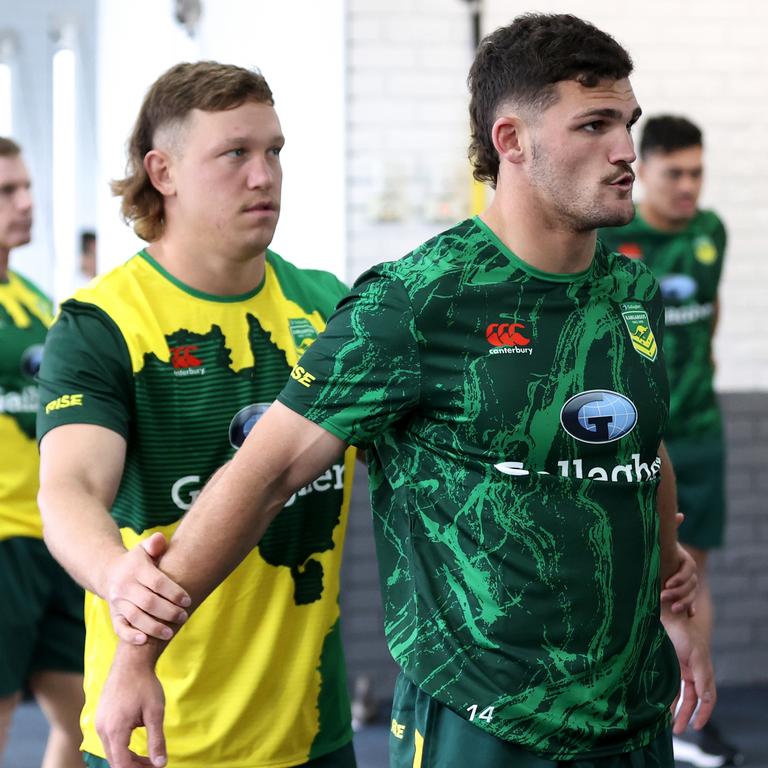 Reuben Cotter and Nathan Cleary in a Kangaroos gym session.