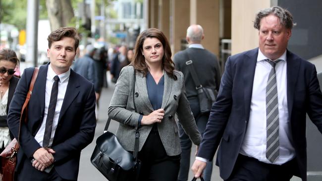 Author and ABC journalist Louise Milligan and partner Nick Leys (R) leaves after testifying in the committal hearing for Cardinal George Pell, at the Magistrates Court in Melbourne on March 27, 2018. Photo by Stuart McEvoy for The Australian.