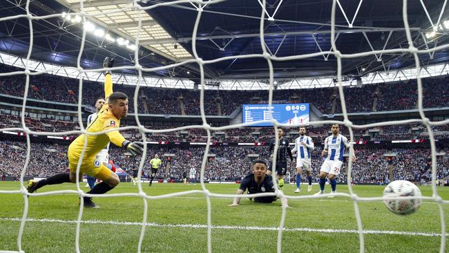 Mat Ryan (L) could not save this shot from Manchester City's Gabriel Jesus during the English FA Cup semi-final soccer match between Manchester City and Brighton & Hove Albion at Wembley Stadium. Picture: AP Photo/Matt Dunham
