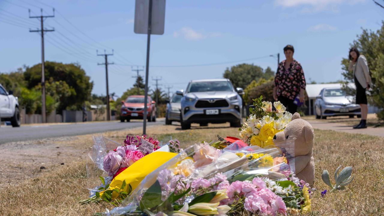 Flowers at the crash scene in Goolwa. Picture: Ben Clark