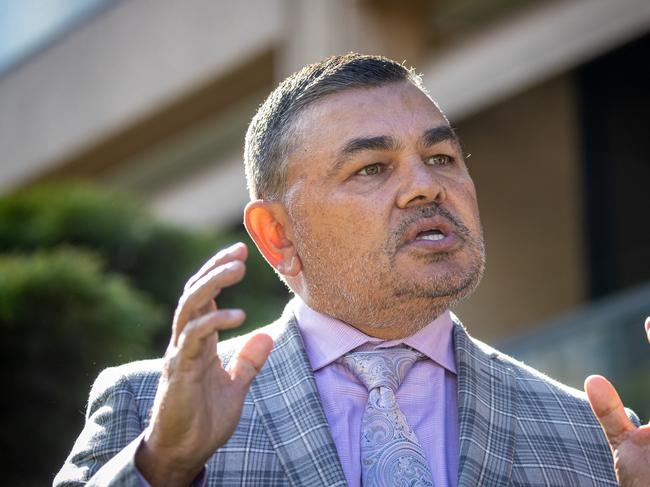 SYDNEY, AUSTRALIA - NewsWire Photos May 19, 2022: NSW Aboriginal Land Council chair Roy Ah-See, addresses the media at the NSW Parliament in Sydney.Picture: NCA NewsWire / Christian Gilles