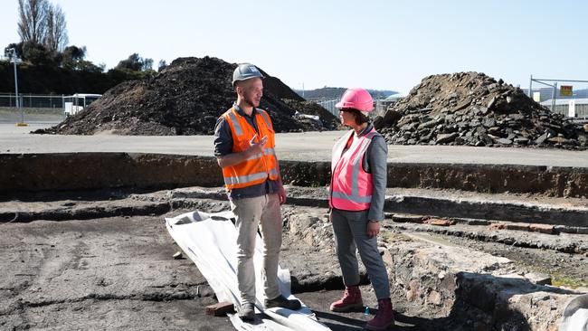 Alan Hay, Principal Archaeologist and Mary Massina, Macquarie Point Development Corporation, at the excavation of the Lumber yard trench. Picture : Mireille Merlet