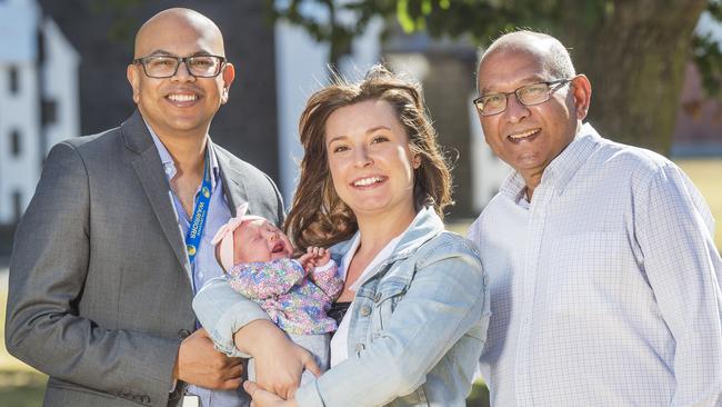 Dr Sushen Naidoo, Corrie Leebody, Dr Jan Naidoo and baby Hazel. Picture: Rob Leeson