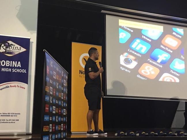 Gold Coast Titans star Jarryd Hayne speaks at Robina High School.