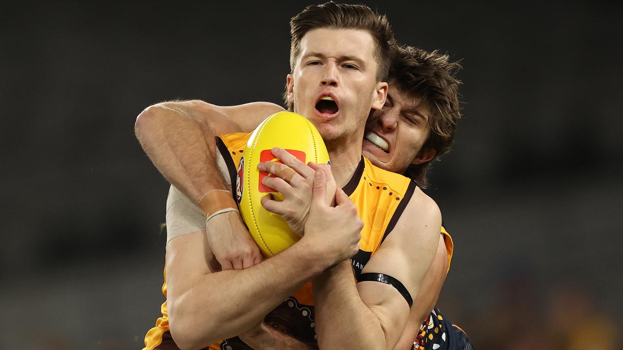 Mitch Lewis dominated in the first half against Adelaide opponent Jordon Butts. Picture: Getty Images