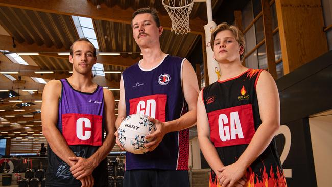 (L-R) Jack Vandervelde, 21, Callum Price, 23, and Rohan Chretien, 18, will compete at the state netball titles next year when men's and boys divisions are included in the competition for the first time. Photo: Nigel Owen