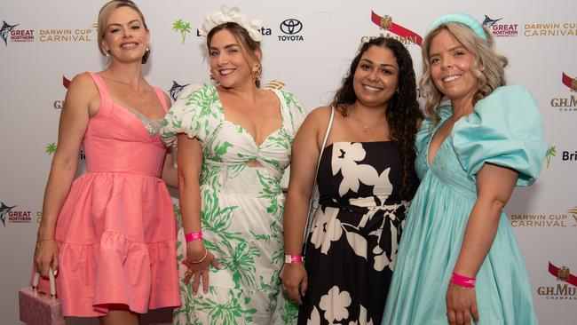 Sarah Sharkey, Dani Heydon, Claudia Da Silva Vidigal AND Michelle Dugan at the 2024 Darwin Cup Carnival Ladies Day. Picture: Pema Tamang Pakhrin