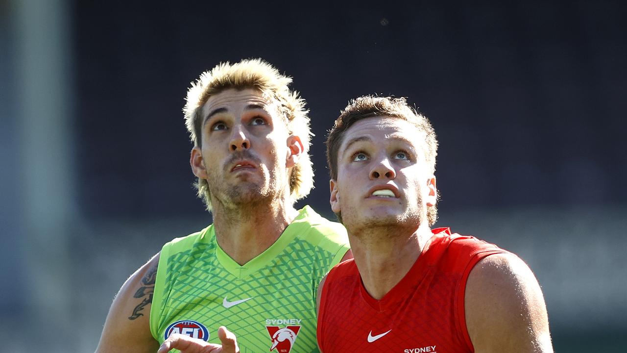 Sam Naismith, pictured left with fellow Swans big man Hayden McLean, is out for season 2022. Picture: Phil Hillyard