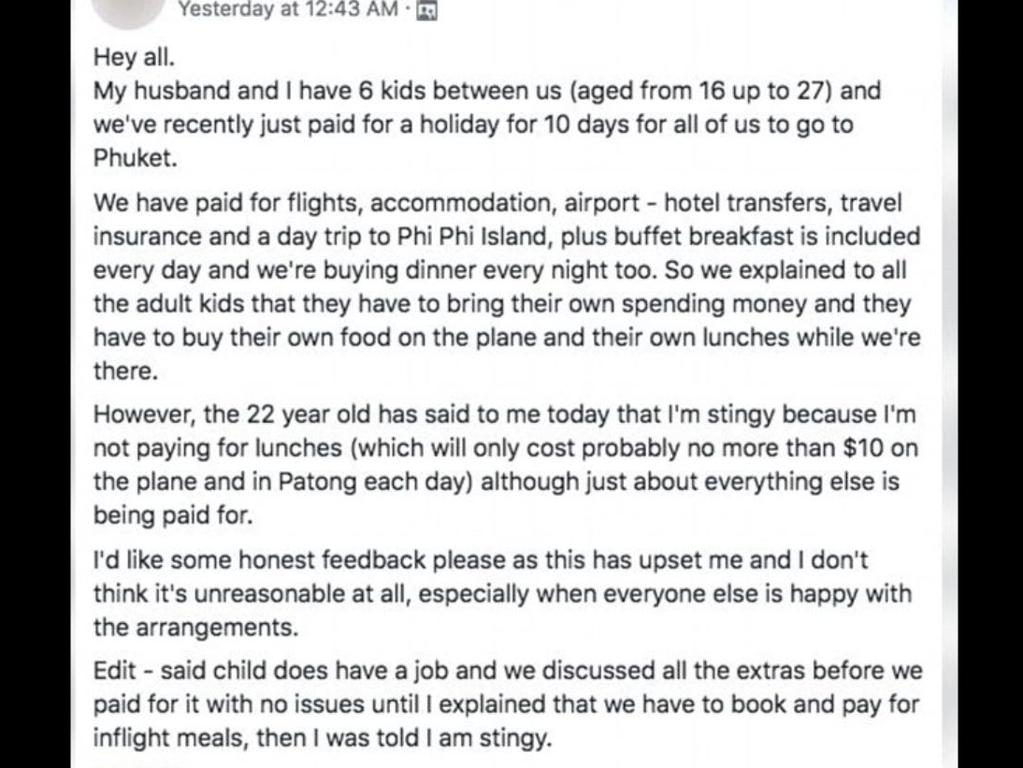 The mother of a 22-year-old son said he called her ‘stingy’ because she wouldn’t cover the cost of his lunches on holiday. Picture: Facebook