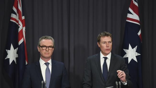 Australian Attorney-General Christian Porter and the Leader of the House Christopher Pyne called for Ms Sharkies resignation earlier on Wednesday. Picture: Lukas Coch