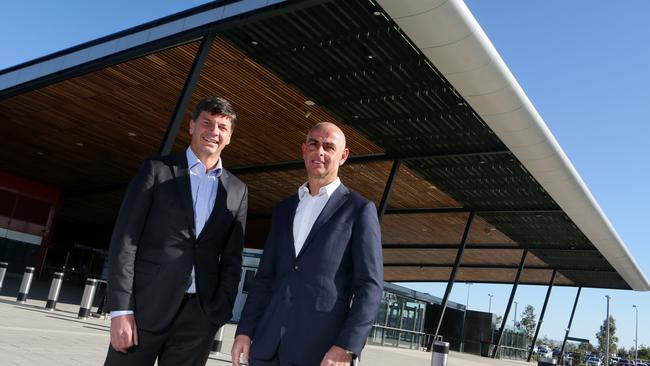 Hume Federal MP Angus Taylor and Camden State MP Chris Patterson at Leppington Station. Picture: Ian Svegovic.