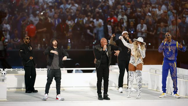 Performers at the Super Bowl halftime show in February 2022, L-R: Kendrick Lamar, Eminem, Dr. Dre, 50 Cent, Mary J. Blige, and Snoop Dogg. Picture: Ronald Martinez