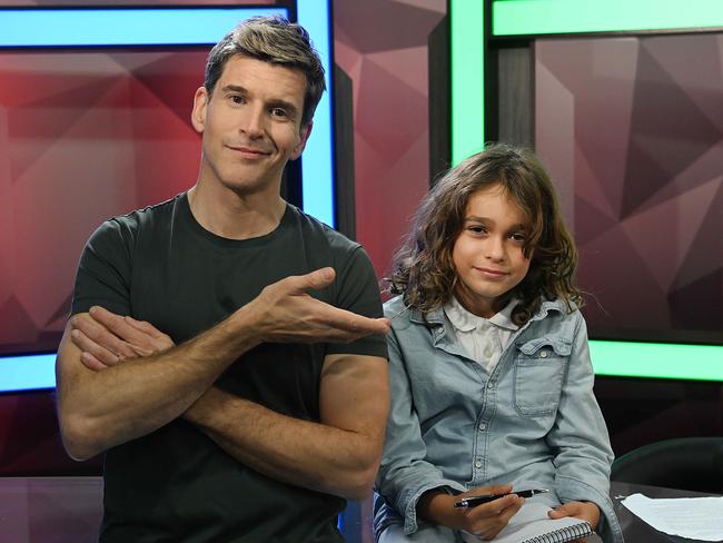 6/9/23: Osher Gunsberg and our little interviewer Oskar Houghton for Tiny Edition - the web series where kids interview celebs. in the CM studio, Bowen Hills, Brisbane . pic: Lyndon Mechielsen/Courier Mail