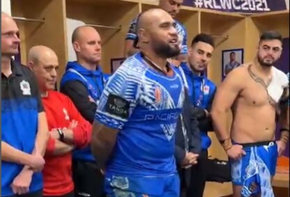 Junior Paulo addresses his Samoa teammates in the dressing room after their win over England. Picture: Instagram