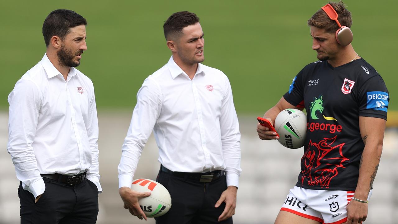 No one holds more influence at the Dragons than Ben Hunt, pictured here with halves partner Kyle Flanagan and Zac Lomax. Picture: Jason McCawley/Getty Images