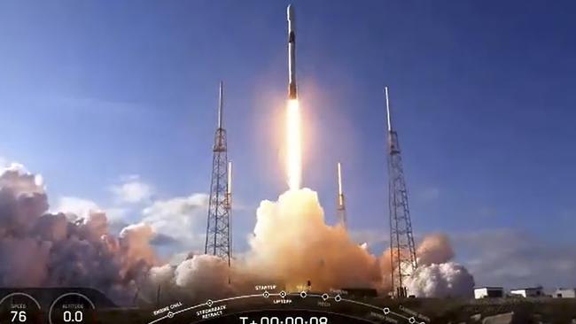 A NASA TV video frame grab of the SpaceX Falcon 9 fourth Starlink constellation as it launches at Cape Canaveral, Florida on January 29, 2020. Picture: AFP