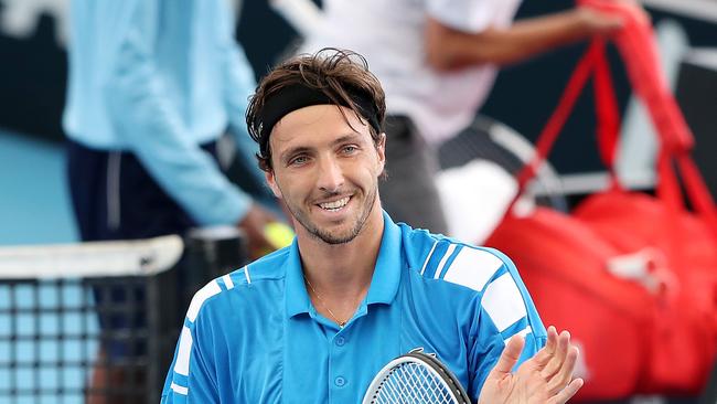 Arthur Rinderknech thanks the Adelaide crowd after he cruised into his first ATP Tour singles final on Friday. Picture: Getty Images