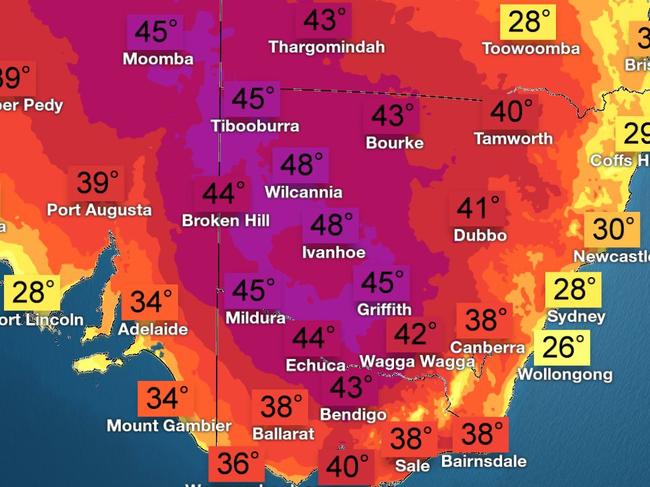 Victoria is preparing for one of the hottest days on record, with temperatures expected to tip past 45C next week as the country braces for another blistering heatwave and battering of rain and thunderstorms. Picture: BOM