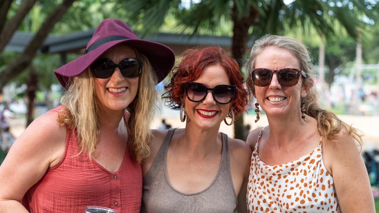 Liz Burrell, Carla Mills and Raylee Parker at Darwin Waterfront on New Year’s Eve 2020. Picture: Che Chorley