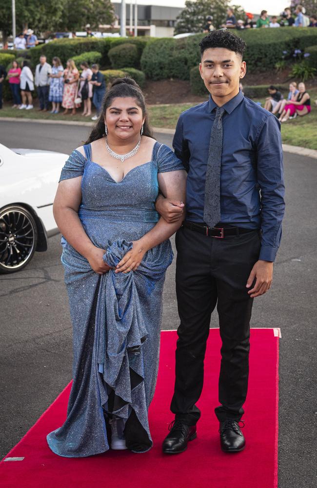 Graduate Brooklyn Power and partner Darnell Power arrive at Mary MacKillop Catholic College formal at Highfields Cultural Centre, Thursday, November 14, 2024. Picture: Kevin Farmer